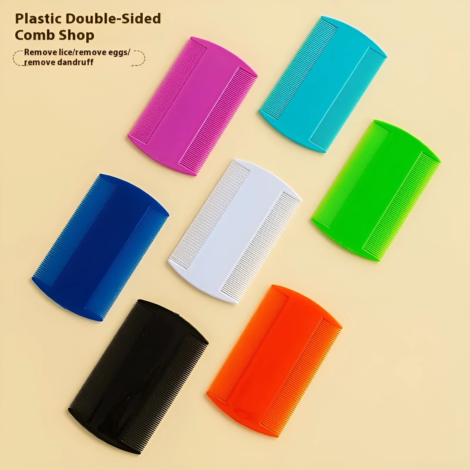Plastic fine-toothed flea comb in assorted colours showing double-edged design for pet and human grooming