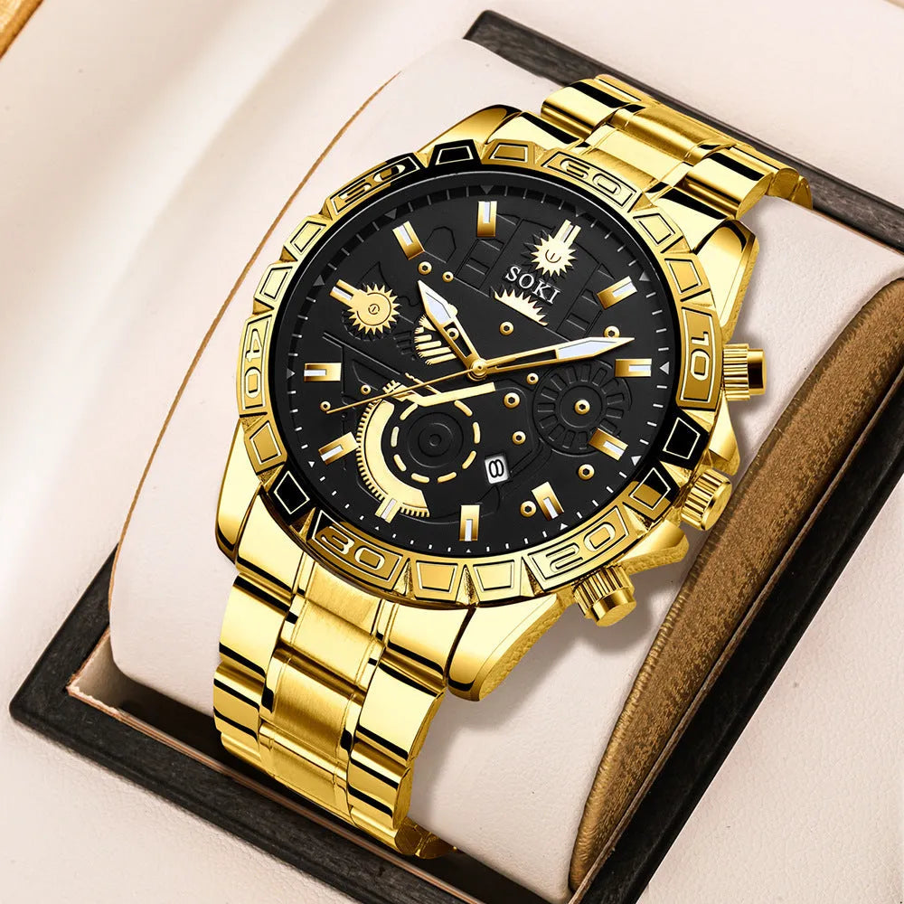 Men's gold business quartz watch with stainless steel bracelet and calendar function