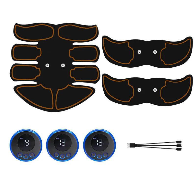 Abdominal muscle stimulation patch with digital display and three-piece design for six-pack massage