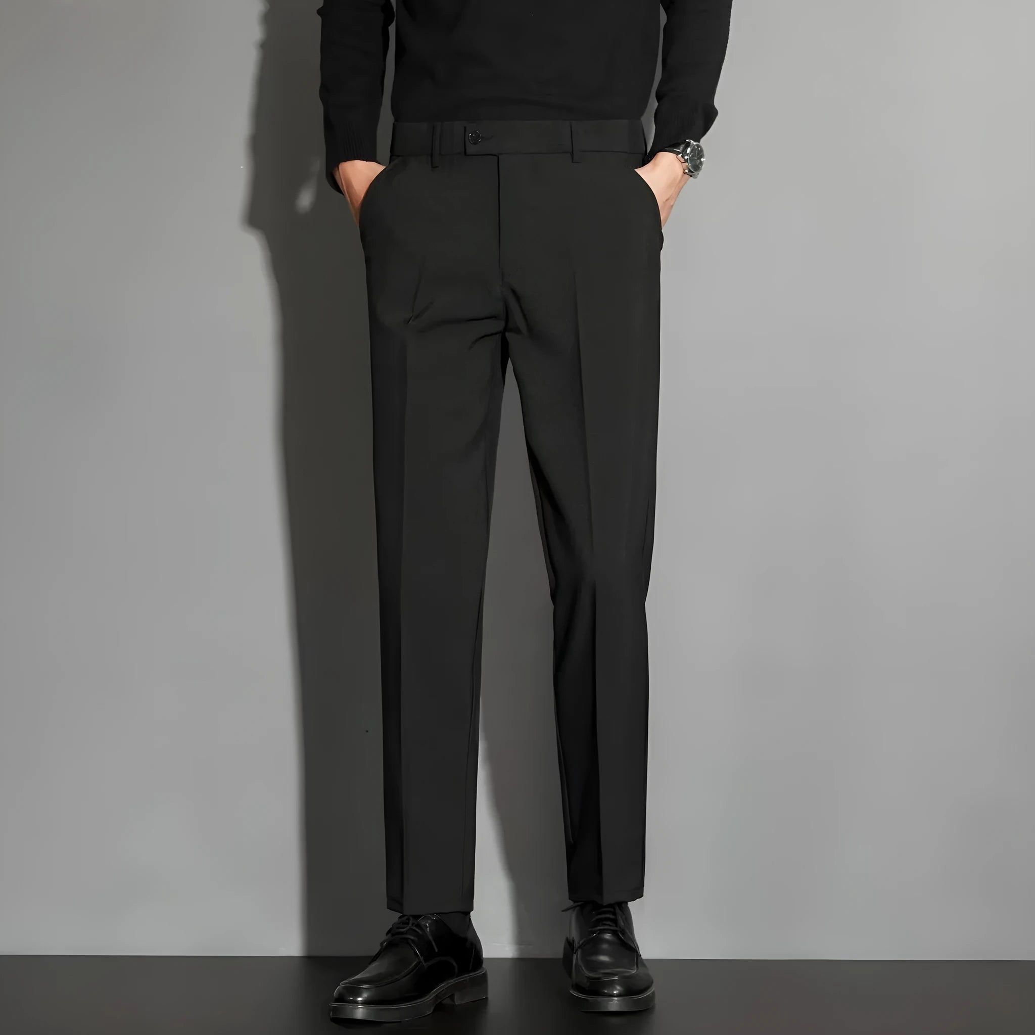 Men's straight ankle-length suit trousers with spring draping effect in chemical fibre blend fabric