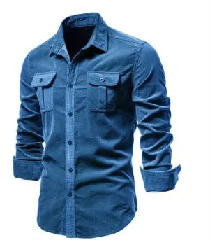 Men's denim blue long sleeve linen button-up shirt laid flat, showing button front and casual style.