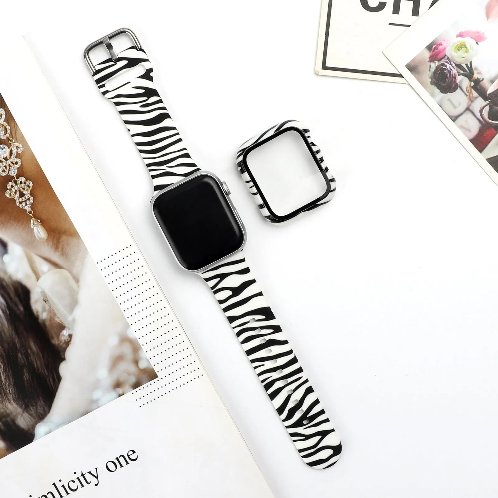 Printed silicone watch strap for Apple Watch showing various design options