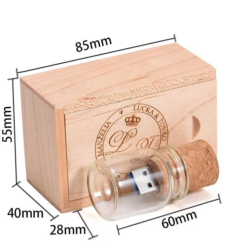 Wooden wish drift bottle USB flash drive 60mm by 28mm with transparent colour options
