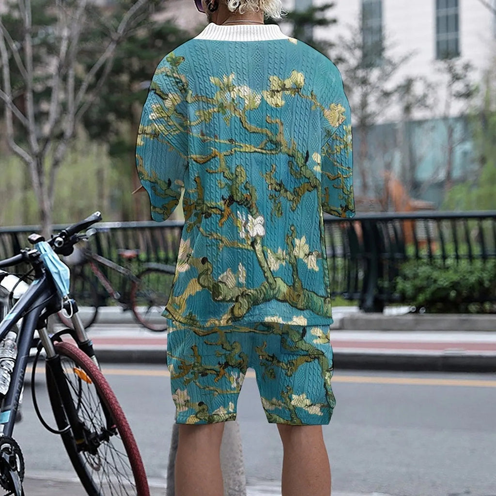 Men's peacock blue 3D printed knitted shorts suit with matching top and mid-length trousers