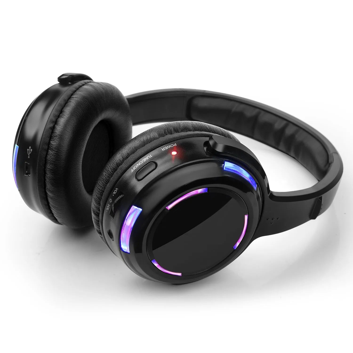 Black silent disco wireless headphones with 40mm speakers and 3-metre cable for party events