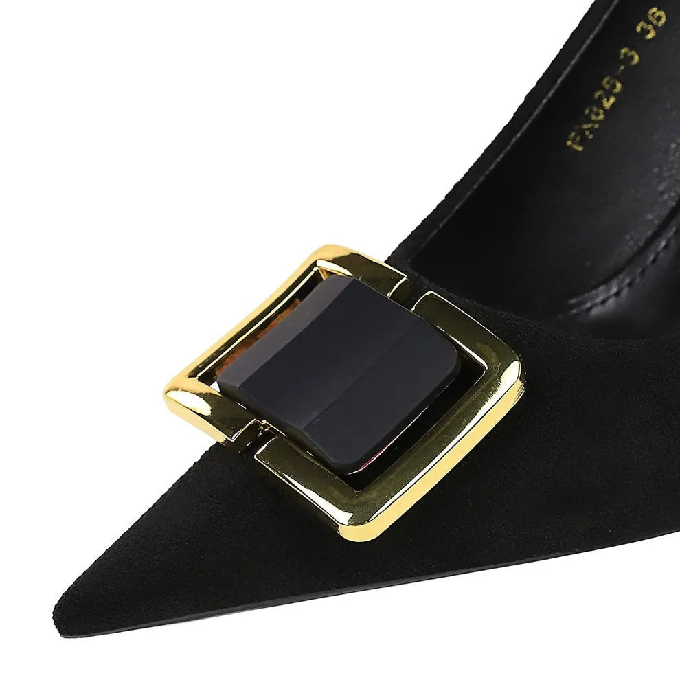 Black suede women's stiletto high heels with a pointed toe and a 9cm heel