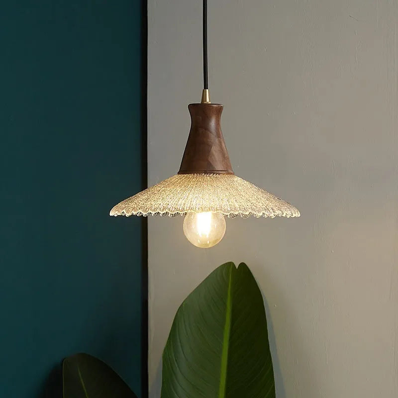Retro brass and glass ceiling chandelier with wooden body for restaurant lighting