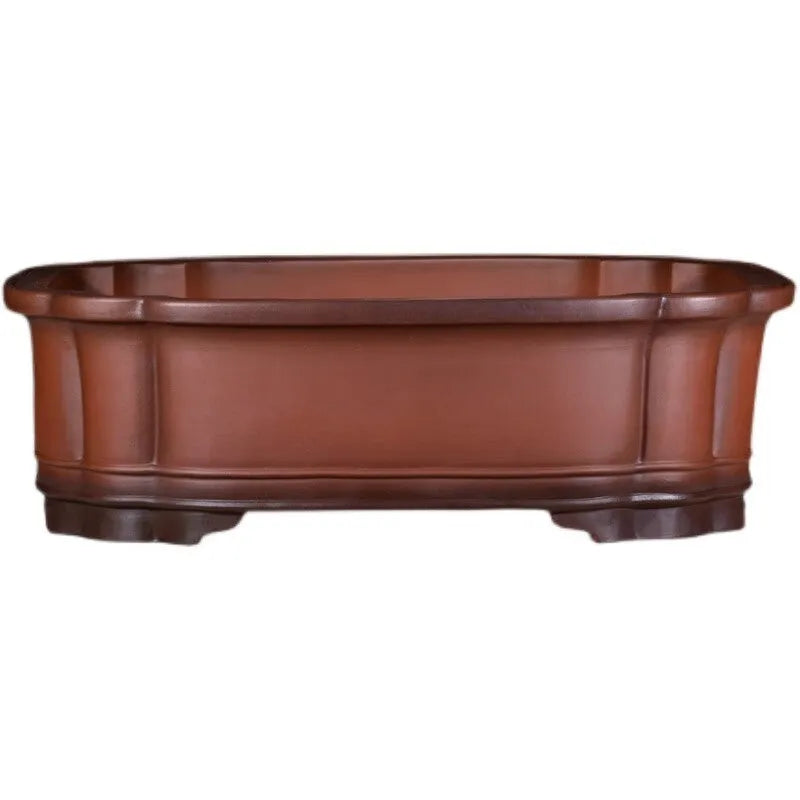 Large antique-coloured Chinese style purple clay flower pot showing dimensions.
