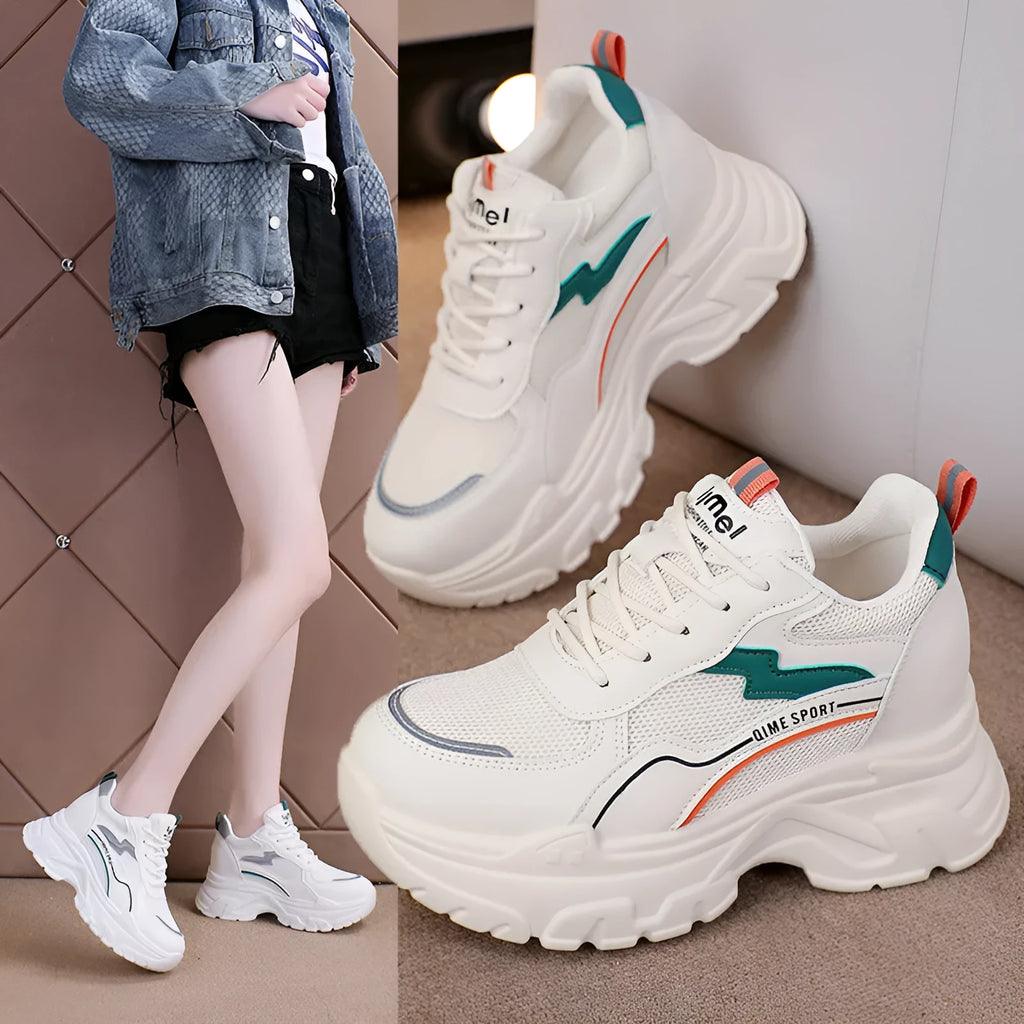 White women's dad shoes with cross shoulder straps, lace-up front, and a breathable mesh upper.