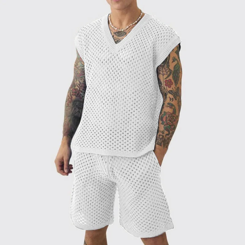 Men's blue knitted vest and shorts sports suit with V-neck design for summer athletic wear