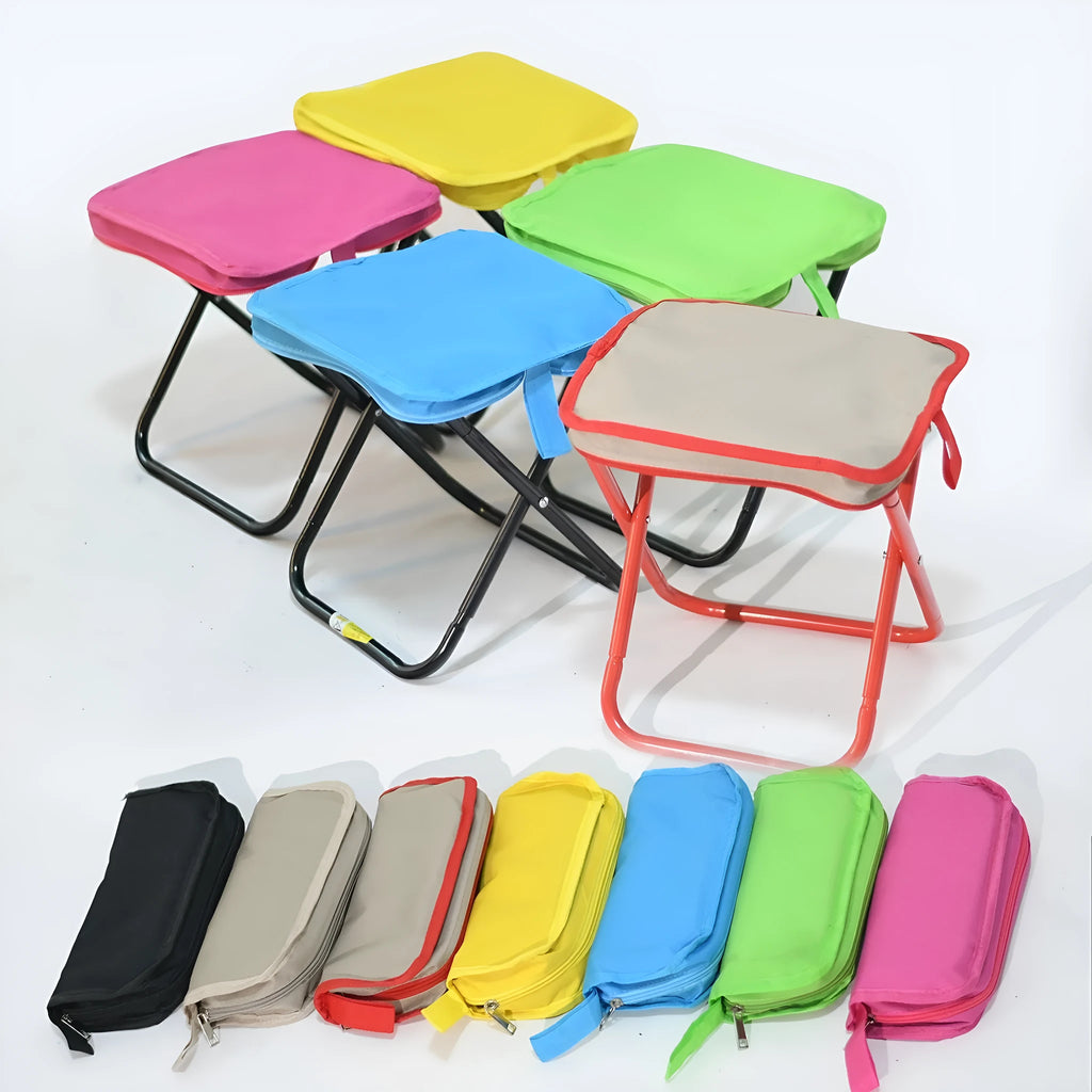 A folded lightweight camp stool in oxford cloth, shown in one of six available colours: black, blue, green, khaki, khaki red, or yellow.