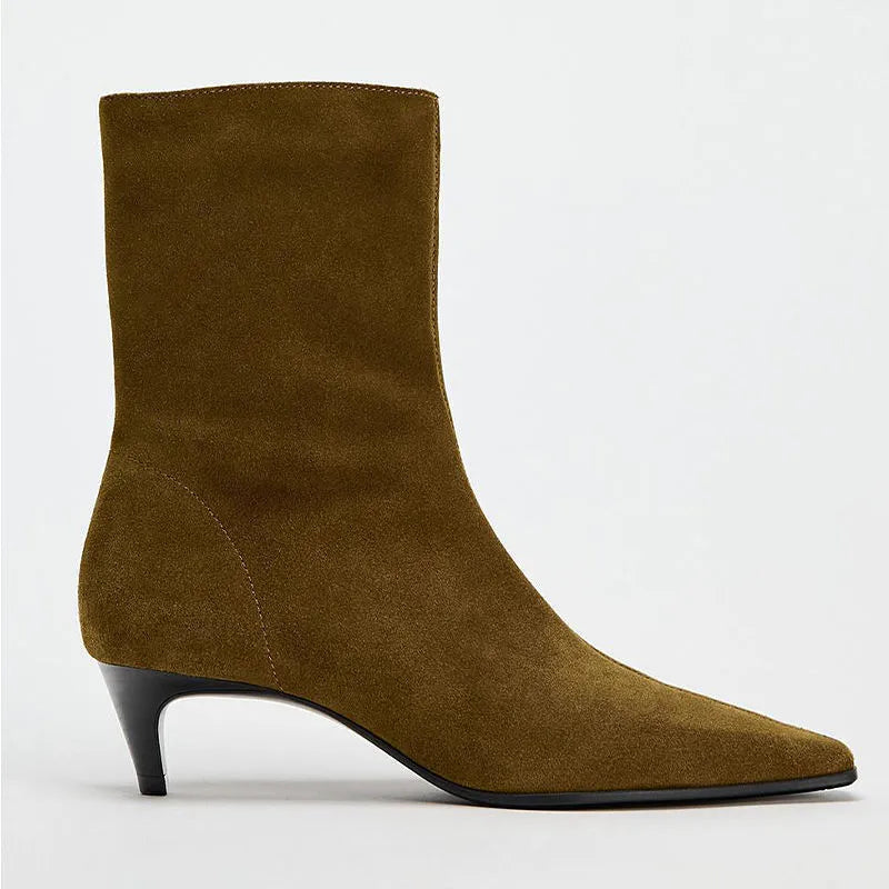 Brown square toe mid calf boots with a kitten heel and side zipper on a white background.