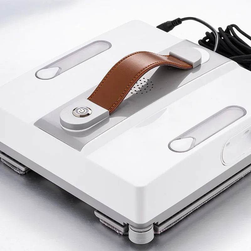 White intelligent window cleaning robot device with four water spray nozzles for automated high-rise window maintenance