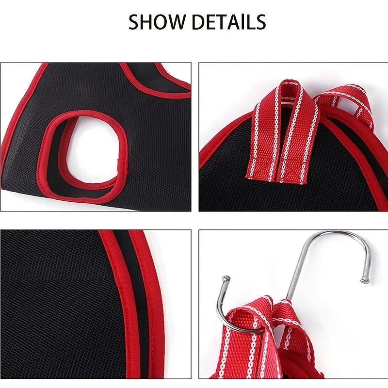 Blue pet grooming hammock restraint bag with mesh panels and elastic straps hanging from a door.