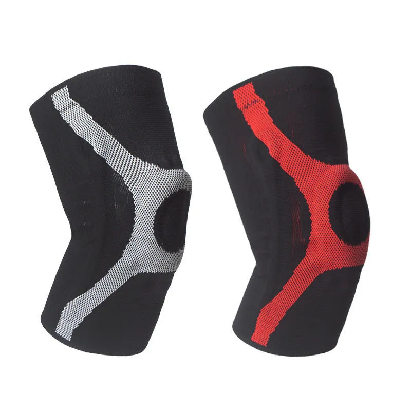 Red and grey knitted sports knee pads with non-slip silicone grip for running and climbing.