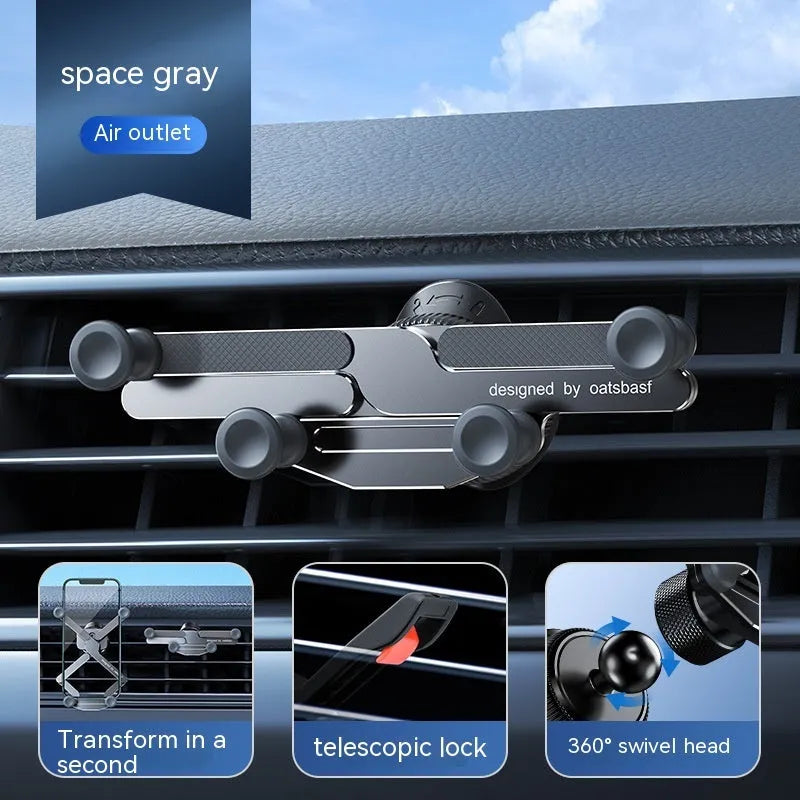 Aluminium alloy car phone mount bracket showing air vent and paste mounting versions in three colours
