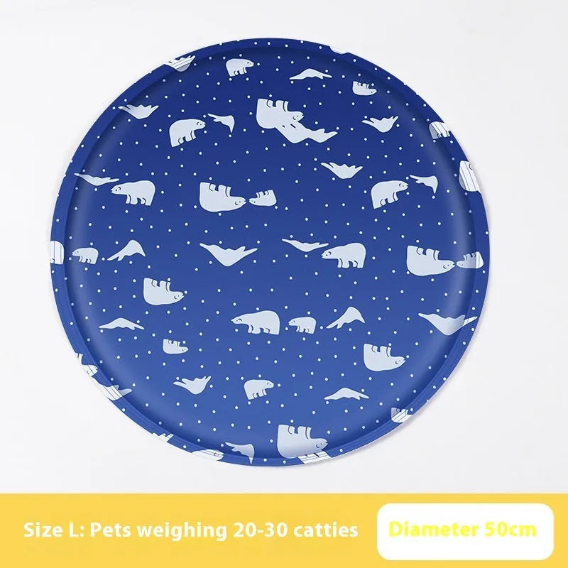 Round pet cooling mat with colourful cartoon design for dogs, showing gel filling and cloth cover