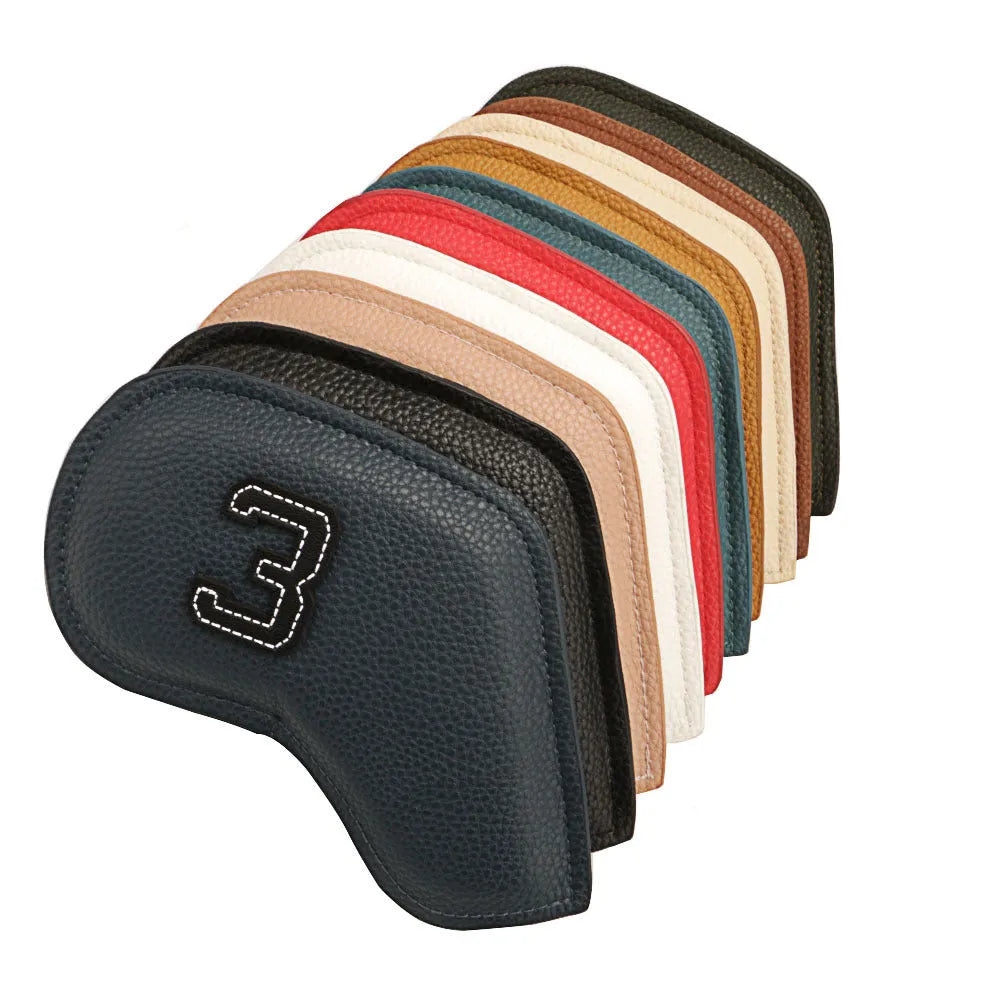 Set of 10 PU leather golf club head covers with printed ball designs for golf bag protection