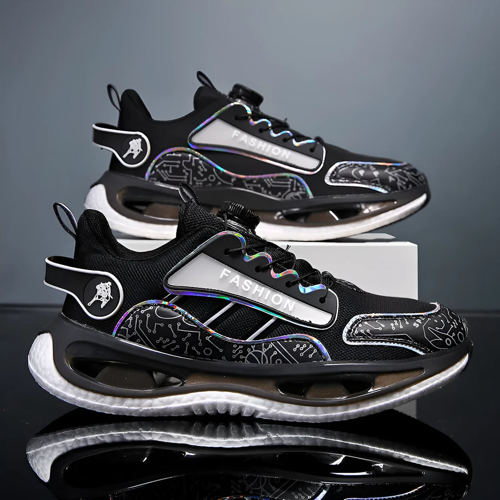 Men's low-top mesh sports shoes in black with elastic band and a textured Popcorn TPU sole.
