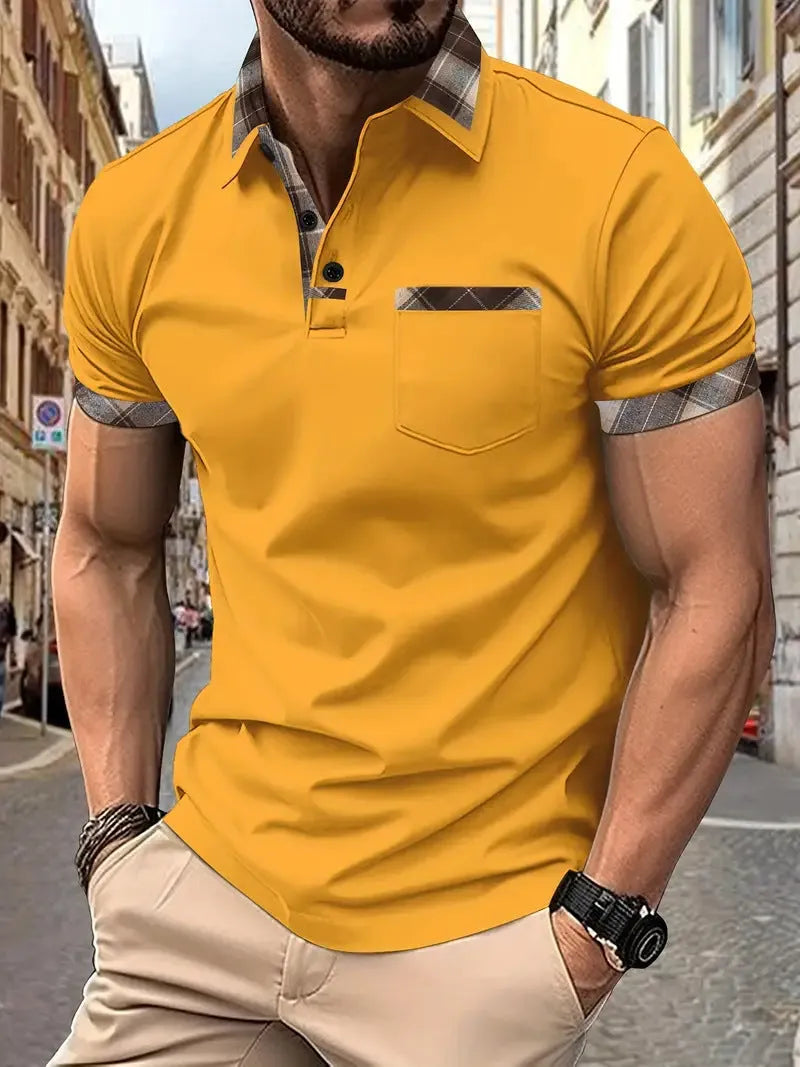 Men's loose fit colourblock plaid t-shirt with zip decorations in multiple colour options