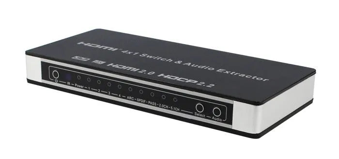 Black HDMI switch with four inputs one output remote control for 4K video switching