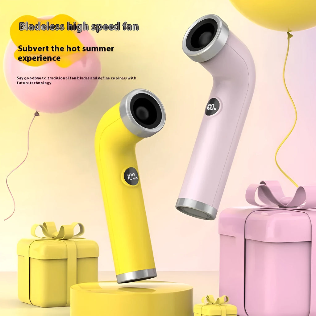 Bladeless portable desk fan in apricot colour with lithium battery and USB charging cable