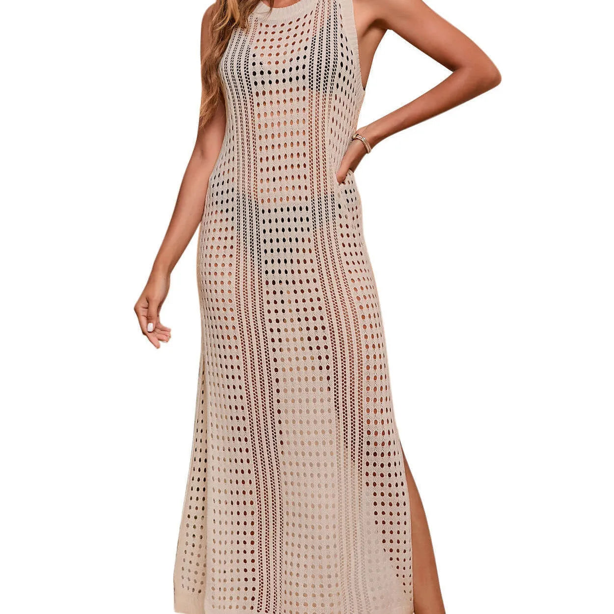 Women's loose solid colour beach blouse with hollow-out knitted design in an apricot shade.