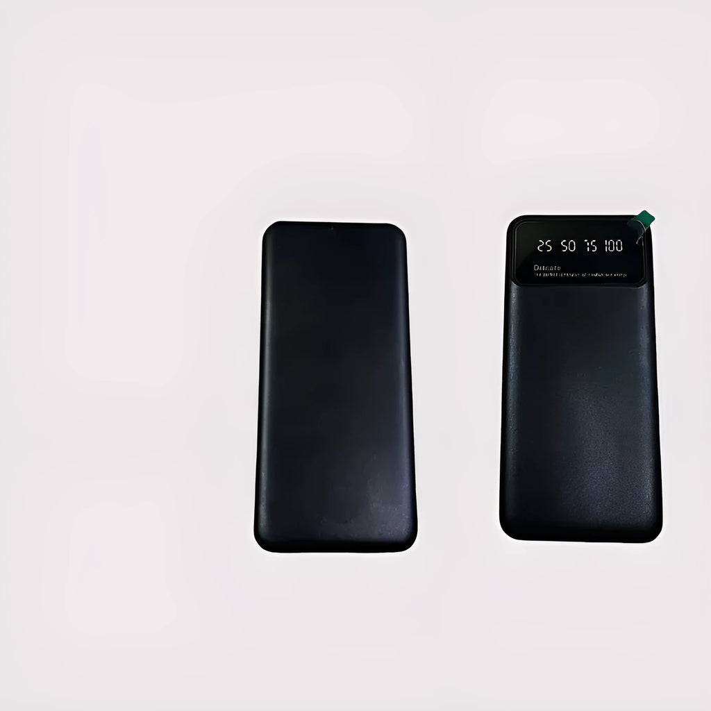 Black ultra-thin power bank measuring 67x14x140mm with 10000mAh capacity
