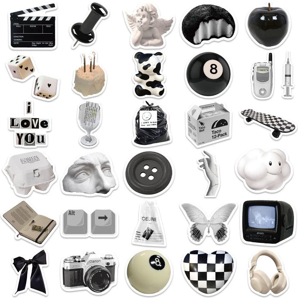 61-piece black and white waterproof PVC sticker set for laptops, phones, and luggage.