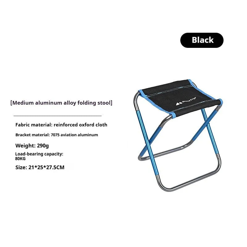 Black aluminium alloy folding stool in collapsed position for camping and outdoor use