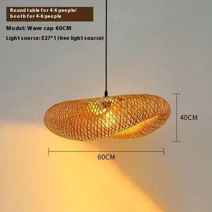 Bamboo straw hat-shaped hanging pendant light with natural rattan weave in 40cm or 50cm diameter options