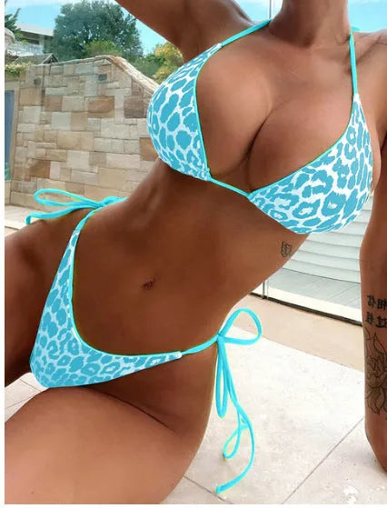 Women's lace-up triangle bikini set with split-leg briefs in multiple colour options