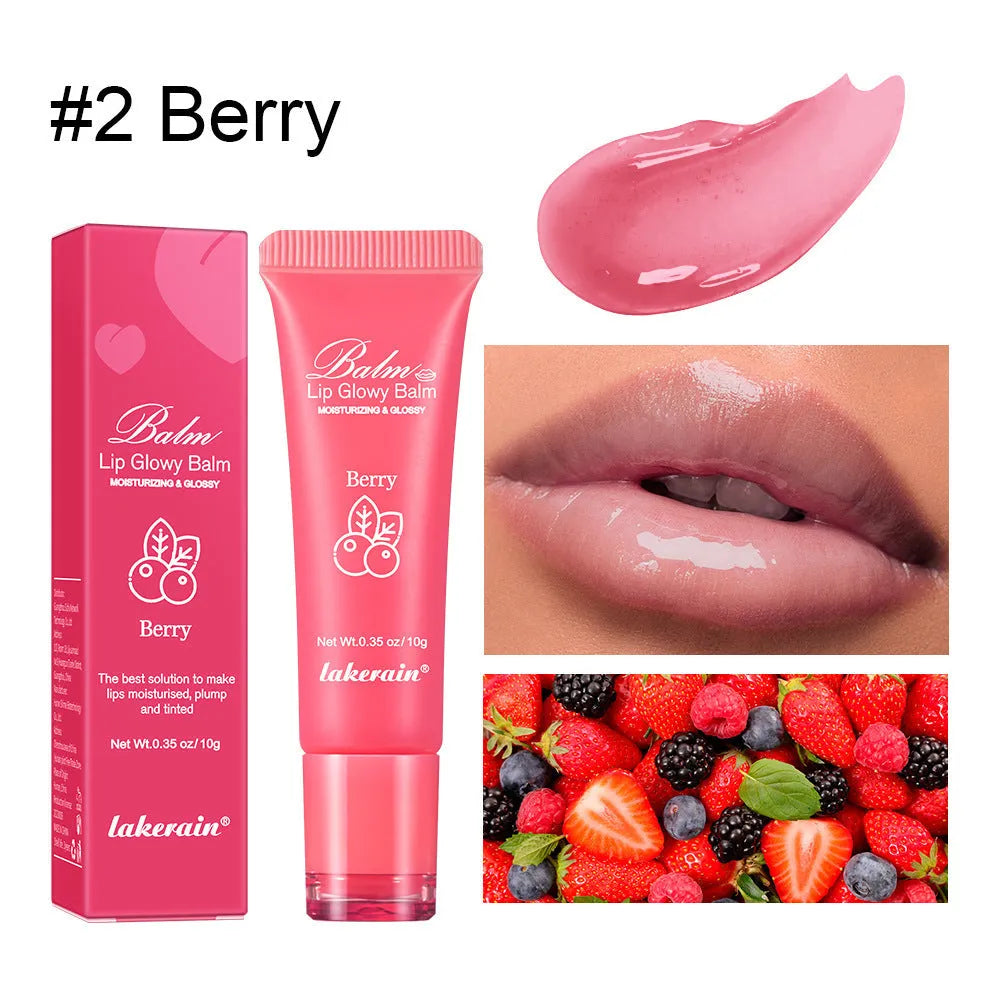Four flavoured lip glosses in berry, grape, grapefruit, and yellow peach shades.