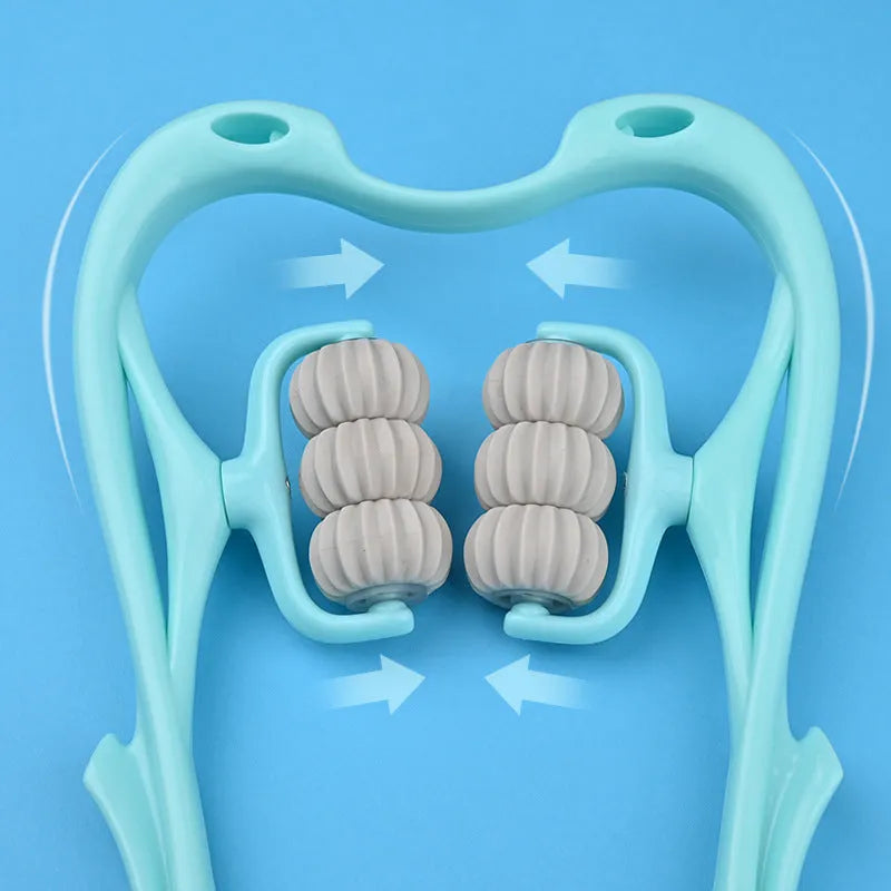 Blue plastic six-wheel manual massager for neck, shoulder and waist tension relief