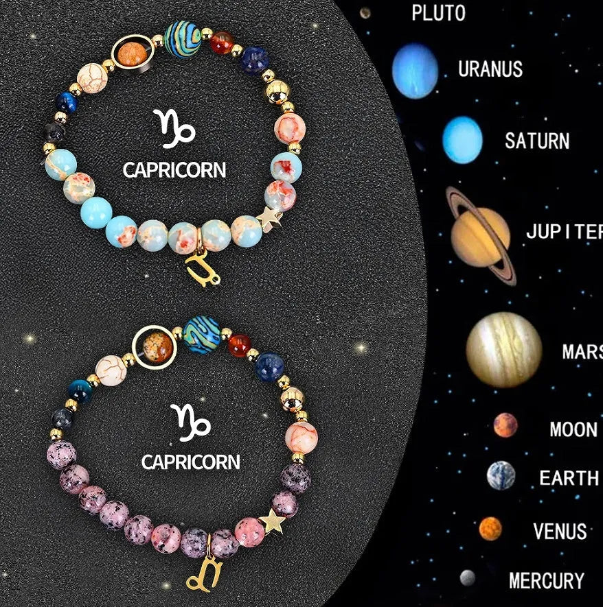 Two natural stone beaded bracelets showing zodiac sign designs for all twelve astrological symbols