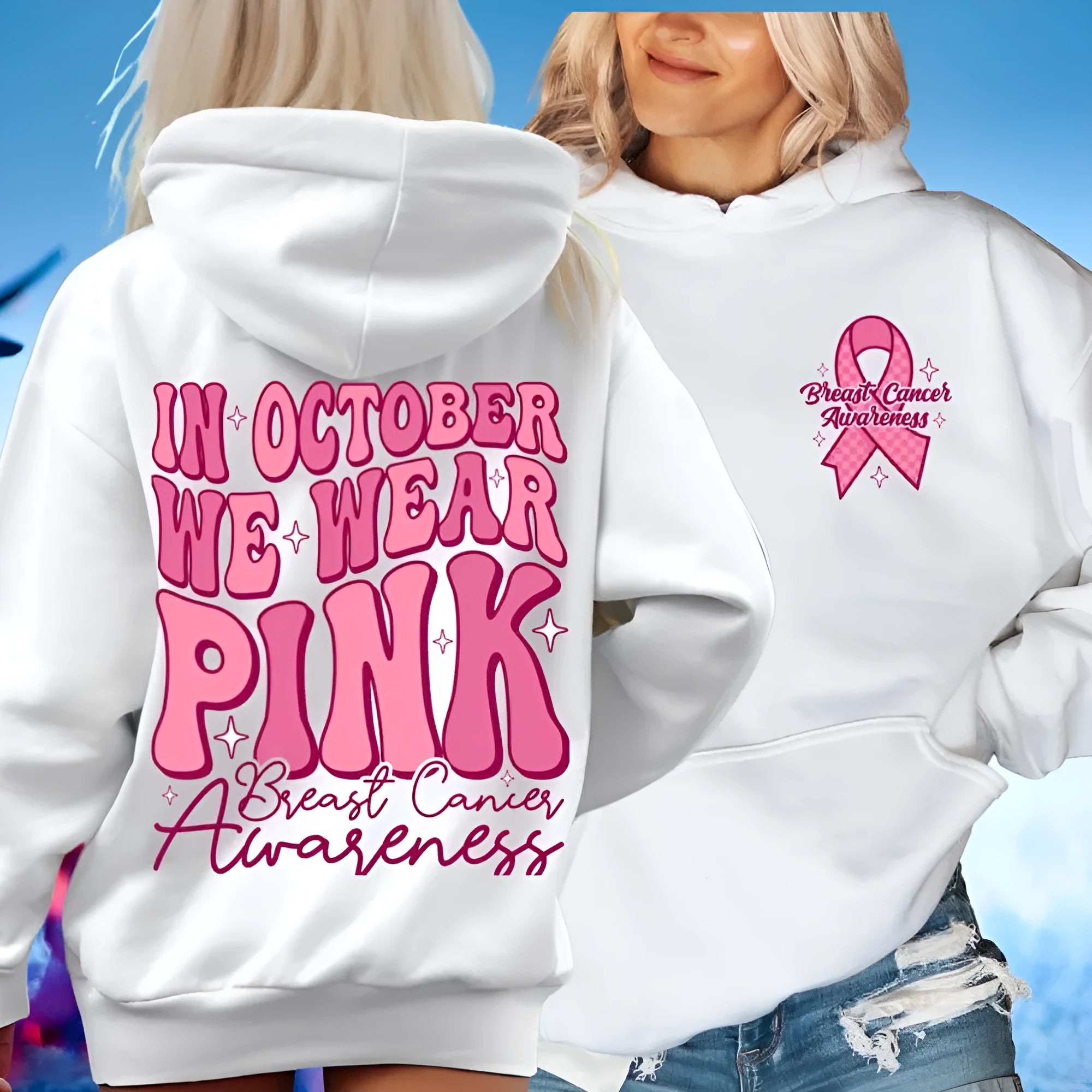 Women's pink Breast Cancer Awareness hoodie with retro art design and side pockets