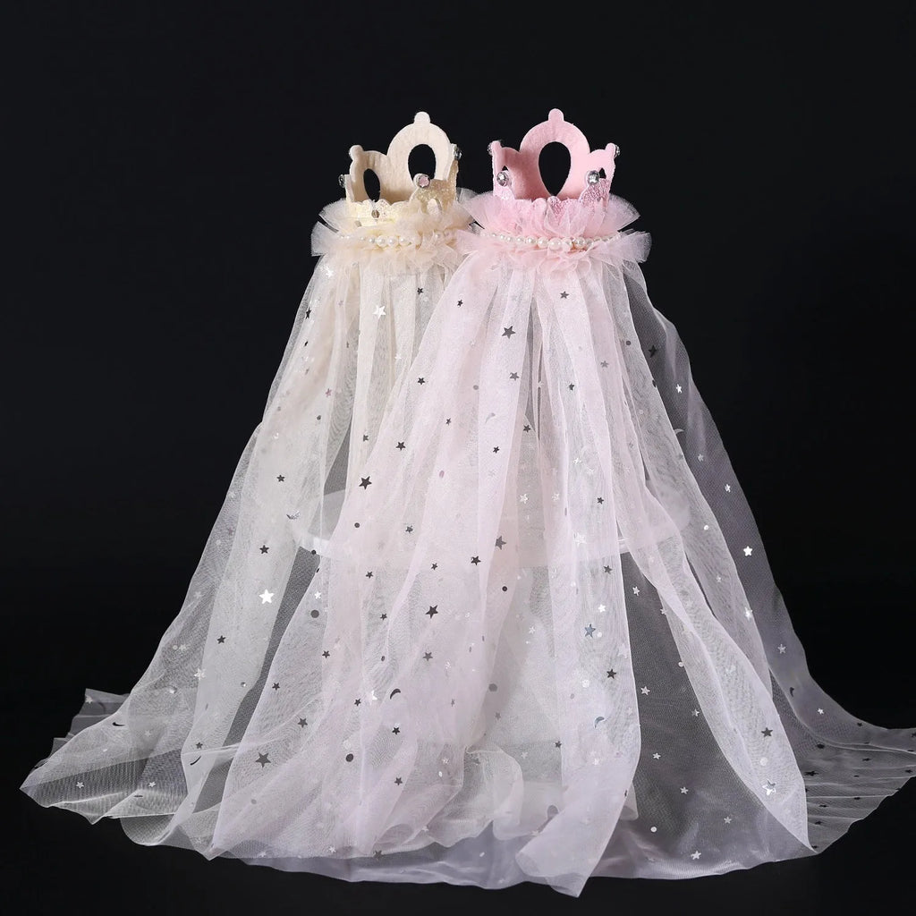 Pet wearing princess crown headdress with beige veil for wedding celebration accessory