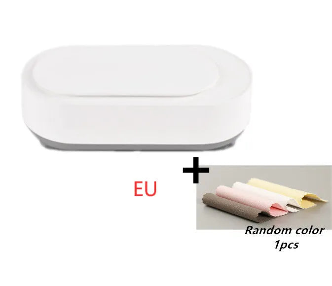 White portable ultrasonic cleaning machine with stainless steel tank for jewellery and glasses.