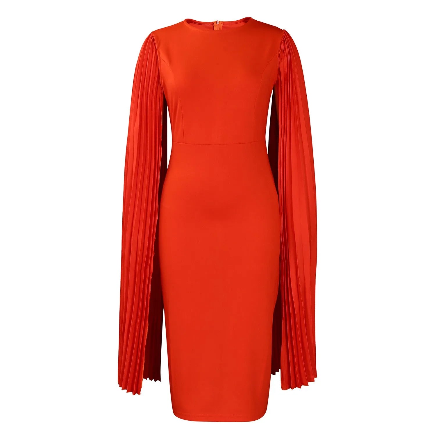 Long sleeve evening dress with pleated shawl detail in red, shown with high waist
