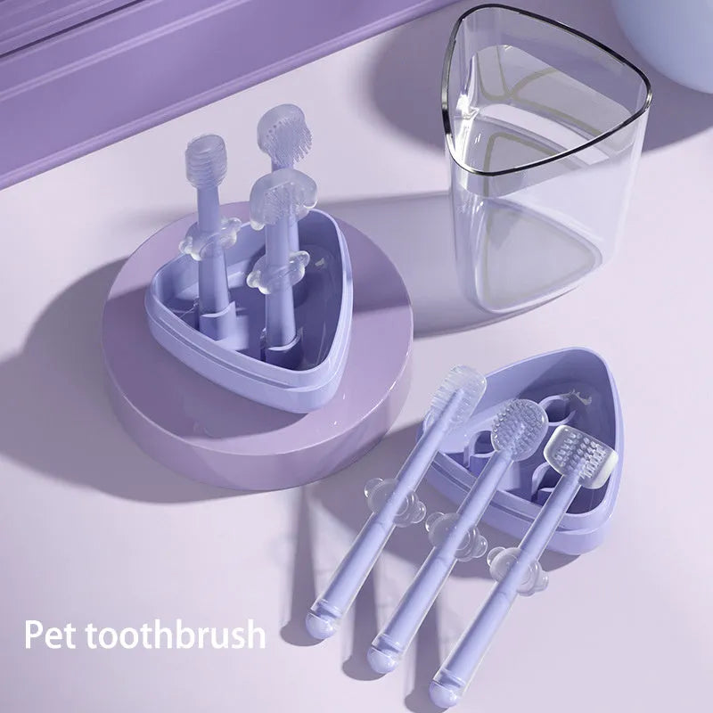 Purple silicone pet toothbrush for cats and dogs with soft bristles for tartar removal