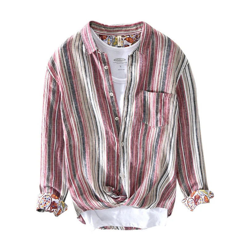 Men's casual linen striped shirt in loose fit with long sleeves available in red or grey colours