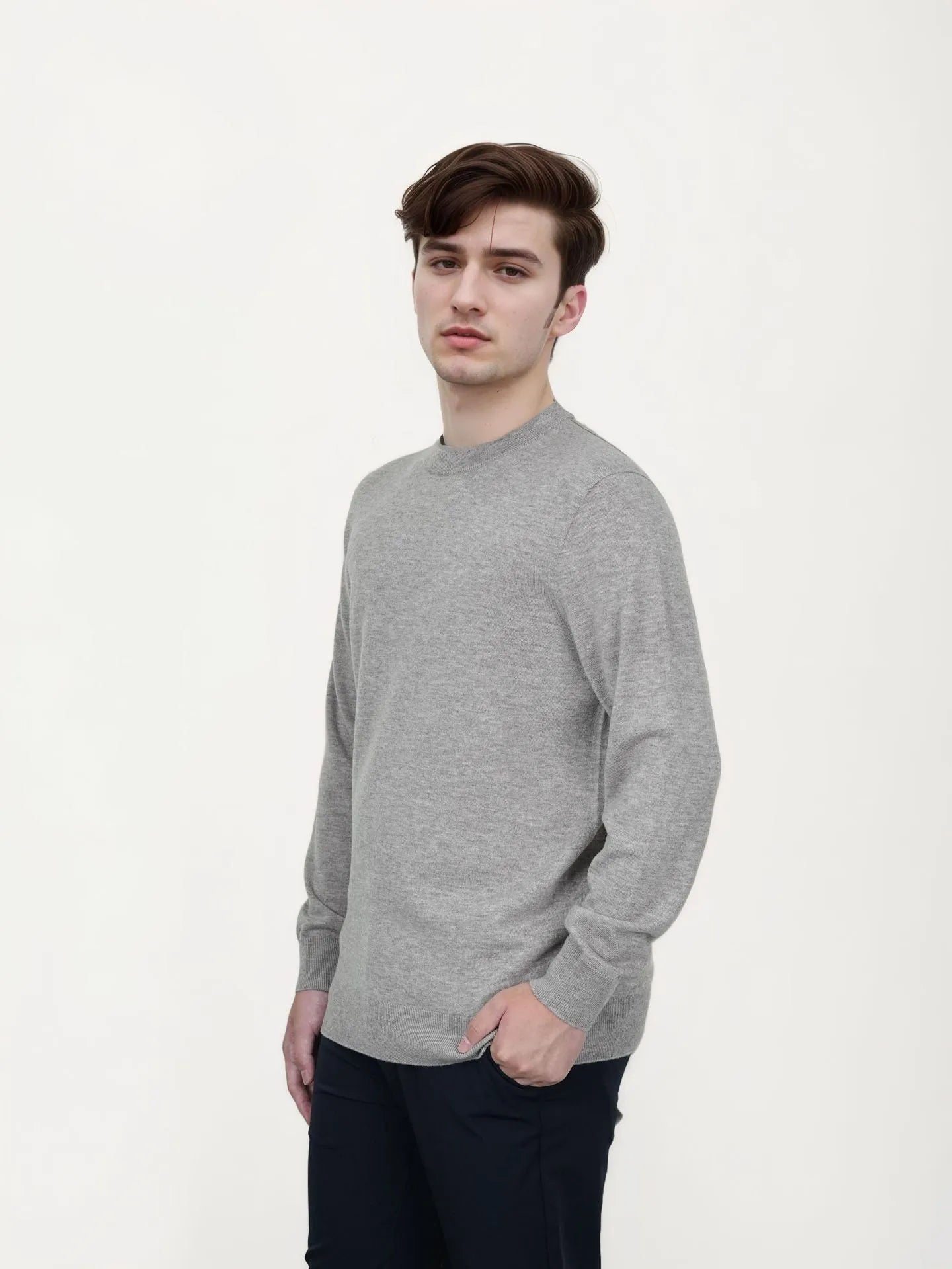Men's regular fit wool pullover sweater in light grey, shown on a model.