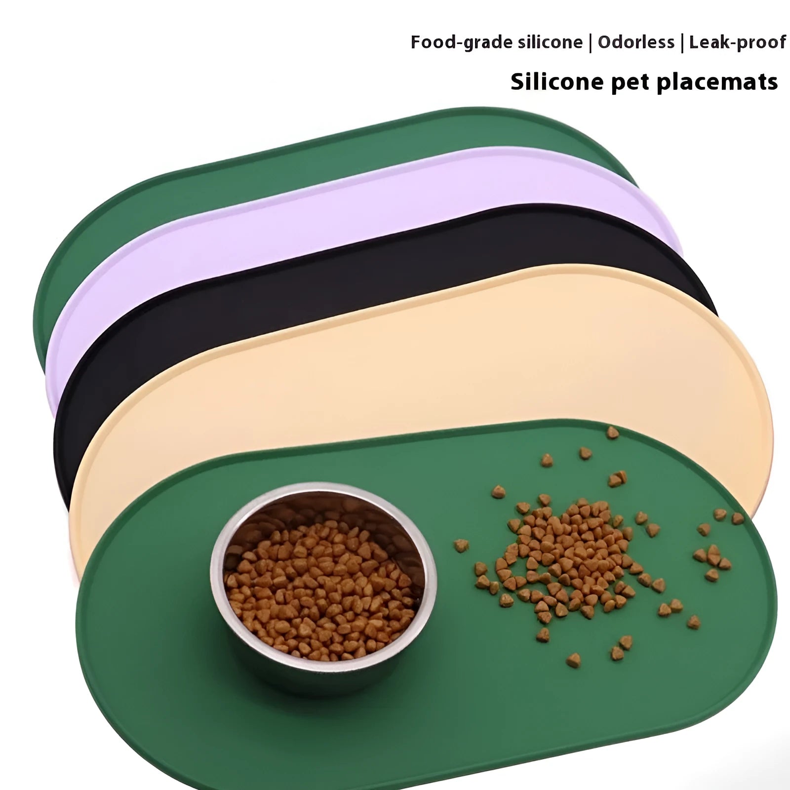 Green silicone waterproof pet feeding placemat with a food bowl on it.