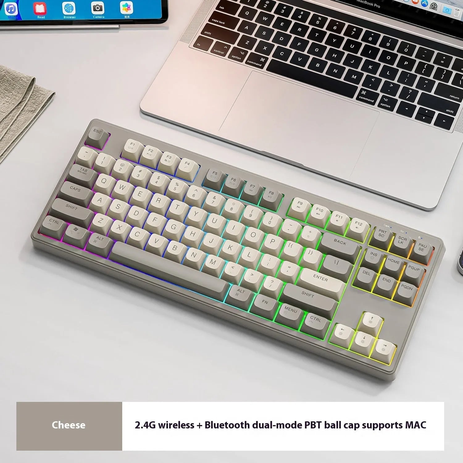 Free Wolf M87 wireless Bluetooth dual-mode mechanical feeling keyboard in blueberry colour on a desk.