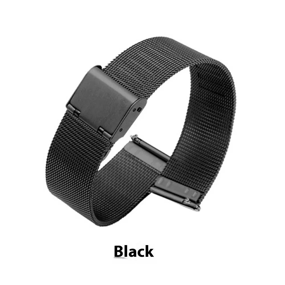 Milani silk woven stainless steel watch band in silver, black, rose gold and gold colours showing texture.