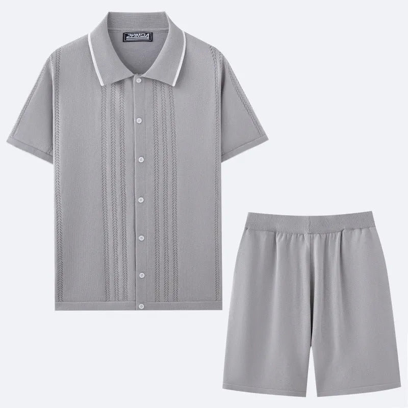 Man wearing a khaki short-sleeve knit top and matching shorts from a business casual two-piece set
