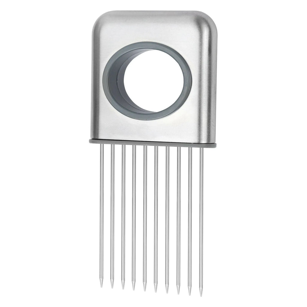 Stainless steel onion holder slicer with ABS handle on a kitchen worktop