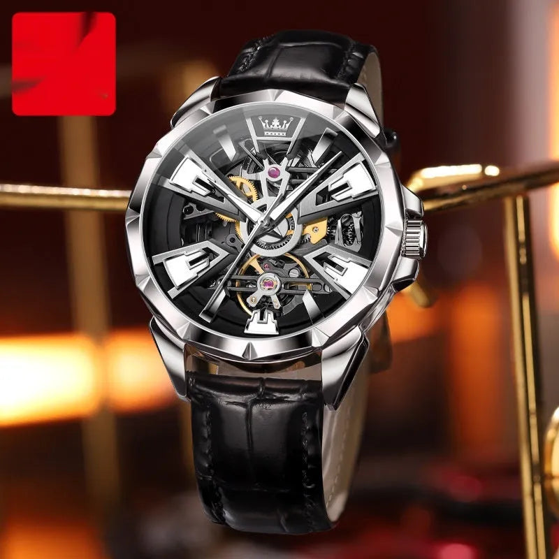 Men's automatic mechanical watch with 44mm barrel dial and transparent case back on genuine leather strap