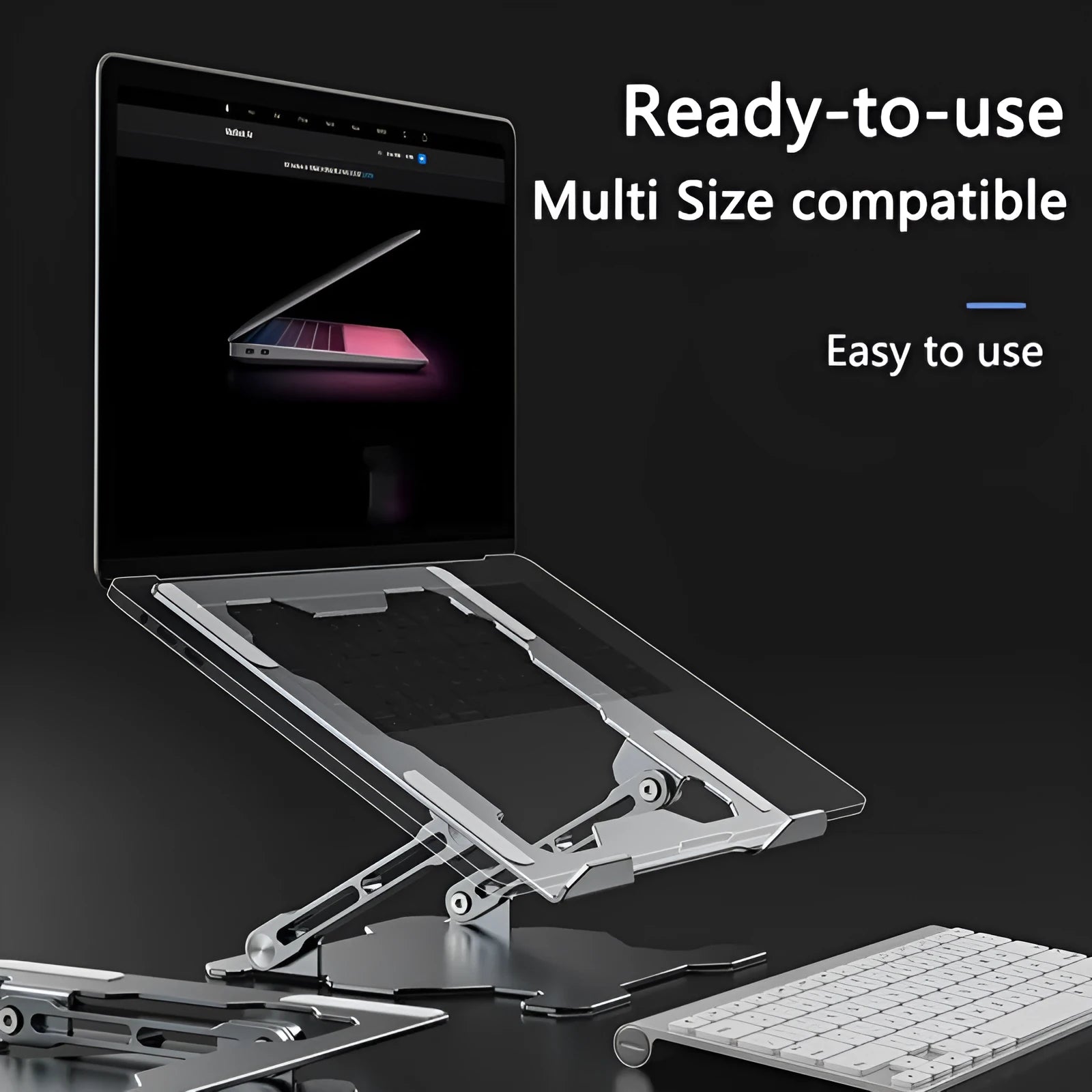 Grey aluminium adjustable laptop stand with folding design for portable use