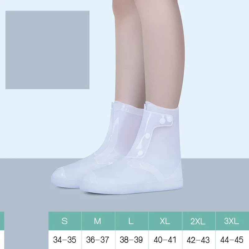 White PVC high top reusable waterproof shoe covers for women with anti-skid soles